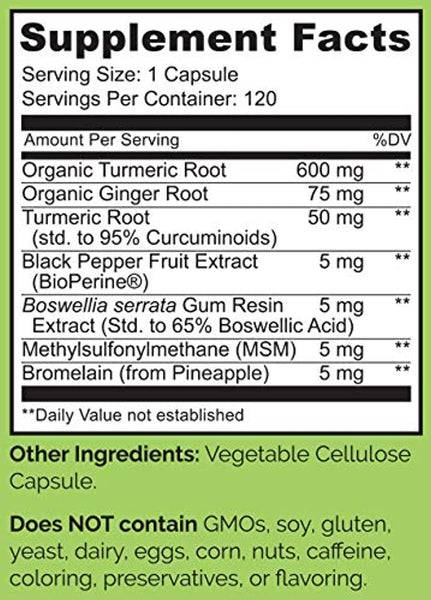 NATURELO Organic Turmeric Curcumin - BioPerine for Better Absorption - 95% Curcuminoids, Black Pepper, Ginger Powder - Natural Relief for Stiff, Sore Joints - 120 Vegan Capsules