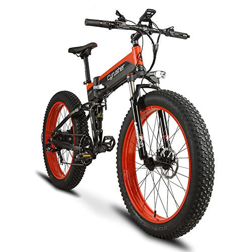 Vtsp T750 Plus Sports Version 500W 48V 10Ah Electric Bicycle 26 Inch Fat Tire Bikes Full suspension Foldable Electric Ebike Snow Mountain Bikes Shimano 27 Shifting System Ebike High Quality Gift For Man (Black Red)