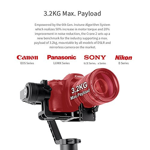 Zhiyun Crane 2 2017 Follow Focus 3-Axis Handheld Gimbal Stabilizer 7lb Payload OLED Display 18hrs Runtime 1Min Toolless Balance Adjustment for Camera Weighing 1.1lb to 7lb
