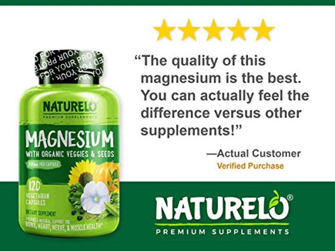 NATURELO Magnesium Glycinate Supplement - 200 mg Natural Glycinate Chelate with Organic Vegetables - Best for Sleep, Calm, Anxiety, Muscle Cramp & Stress Relief – Gluten Free, Non GMO - 120 Capsules