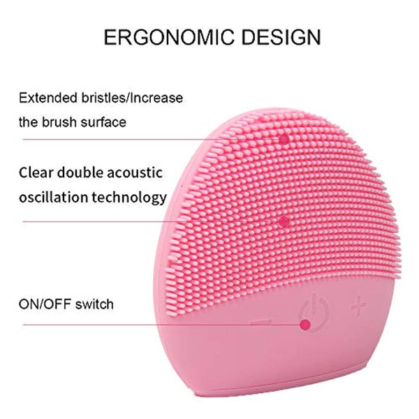 Mini Silicone Facial Cleansing Brush - FEITA Waterproof Silicon Face Cleaner and Electric Masager System for All Skin Types (Pink)