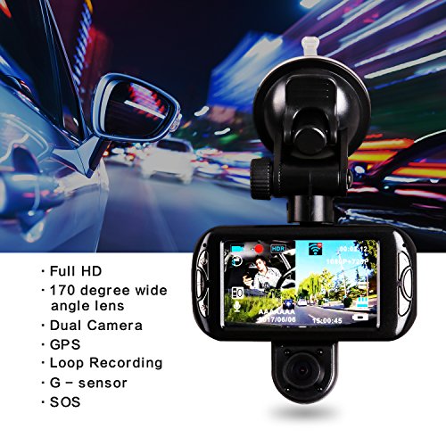 Dual Dash Cam with GPS ,BLUEPUPILE 3.0 inch Dual Camera .1080P SOS Loop Recording ,HDR , Gravity sensor,Support 64G