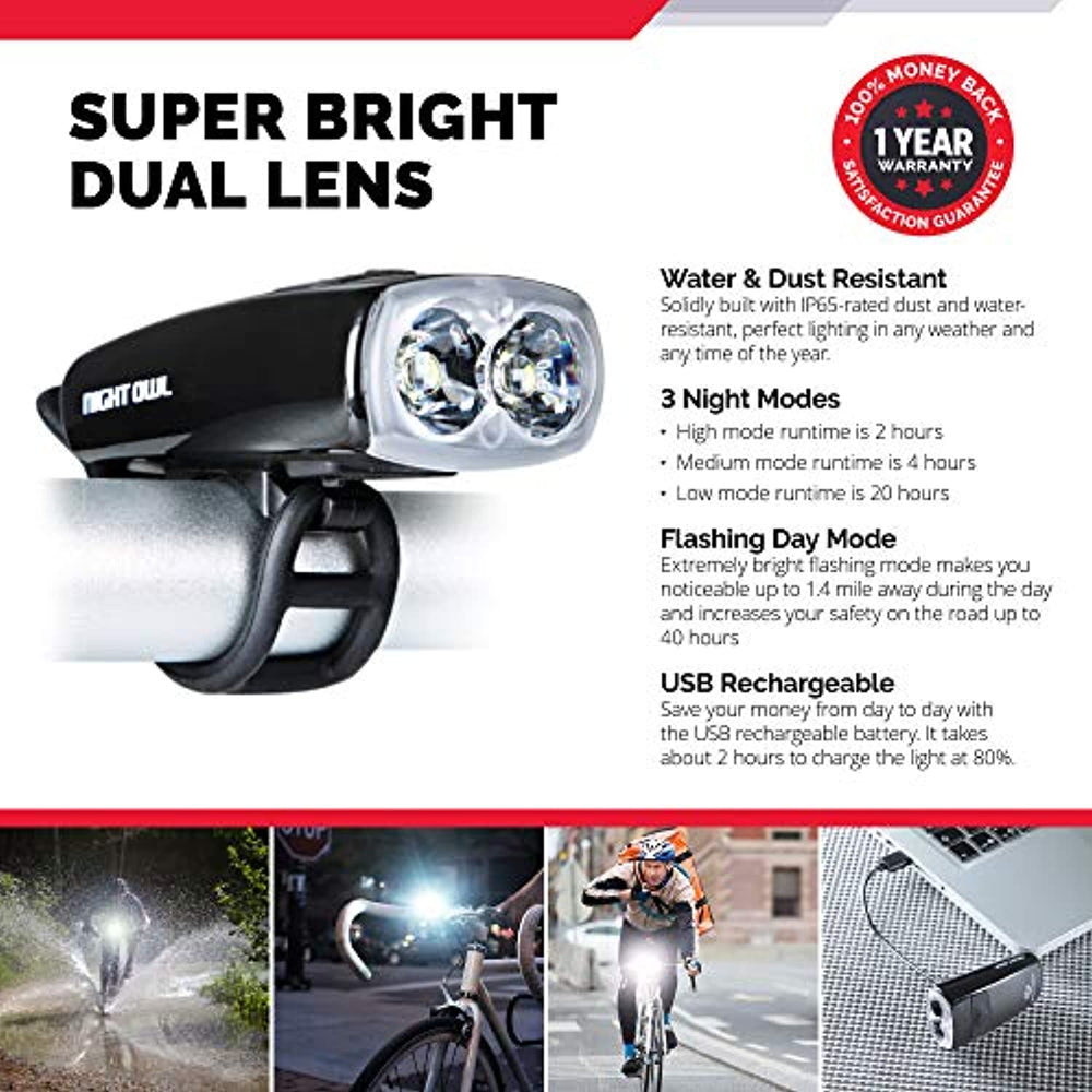 Cycle Torch Night Owl USB Rechargeable Bike Light Set, Perfect Commuter Safety Front and Back Bicycle Light LED Combo - Free Bright Tail Light - Compatible with Mountain, Road, Kids & City Bicycles