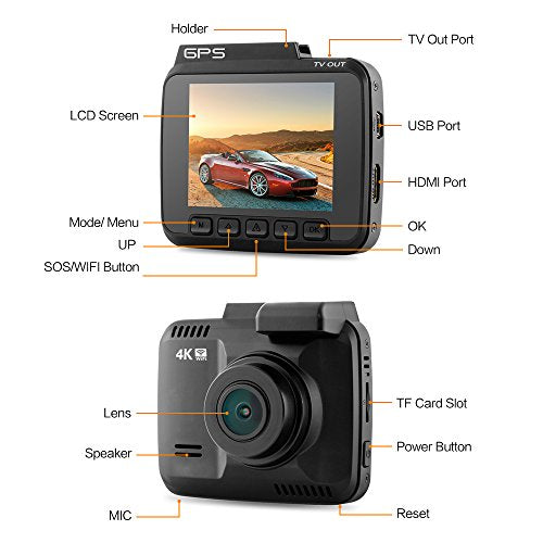 COOFO Car Dash Cam,4K FHD Night Vision Car DVR Dashboard Camera Recorder , Built-In WiFi & GPS,APP Support, G-Sensor, 2.4" LCD, WDR Function, 150 Degree Wide-Angle Lens, Loop Recording