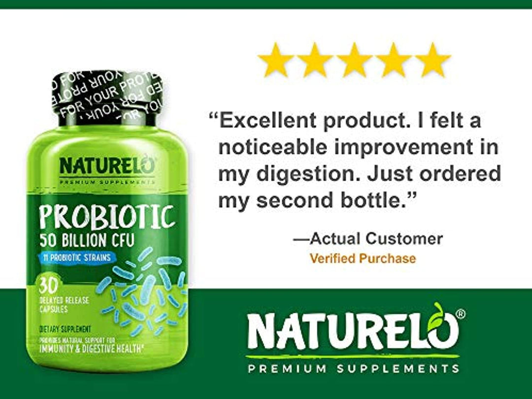 NATURELO Probiotic Supplement - 50 Billion CFU - 11 Strains - One Daily - Best for Digestive Health, Immune Support - Ultra Strength Probiotics - No Refrigeration Needed - 30 Vegan Capsules