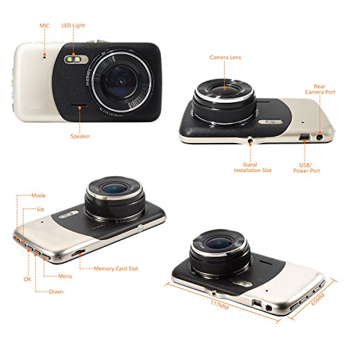 Dash Cam Front and Rear Dual Camera for Cars, 4.0 Inch IPS HD Screen, 1080P HD 170 Wide Angle Lens, G-sensor, Parking Mode, Loop Recording