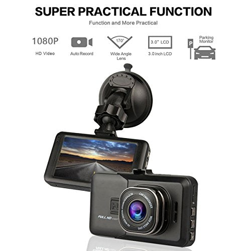 [1080P Full-HD 170°Wide Angle] Maxesla Dashboard Camera Vehicle Video Recorder 3.0" LCD Screen Car Dash Cam Motion Detection G-Sensor Loop Recording Parking Monitor Car Security DVR with Quick Charge