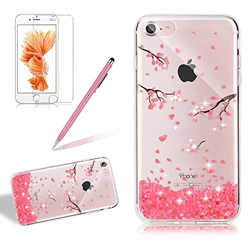 Bling Transparent Case For Iphone 6 6S PLUS, Girlyard Crystal Glitters Peach Flower Design Case Cover Ultra Clear Silicone Bling Protective Case Cover Shell Rhinestones Slim Fit Soft Back Case Cover