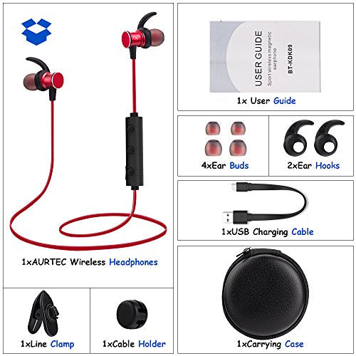 Magnetic Bluetooth Earbuds, AURTEC Lightweight Wireless Headphones With Magnetic Switch Design, Build-In Mic, Waterproof&Sweatproof, 10 Hours Play Time, Noise Cancelling For Sports Gym Running