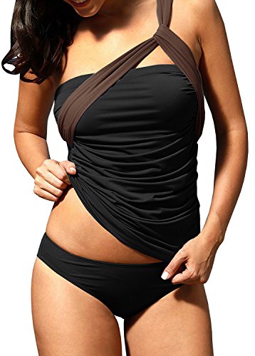 Women's One Shoulder Swimsuit Sexy Two Piece Ruched Tankini Tummy Control Bikini Set