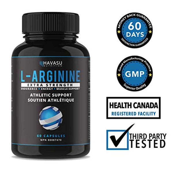 Havasu Nutrition L-Arginine Capsules 598 mg Extra Strength - Athletic Support & Nitric Oxide Boost for Muscle Growth; 60 Capsules