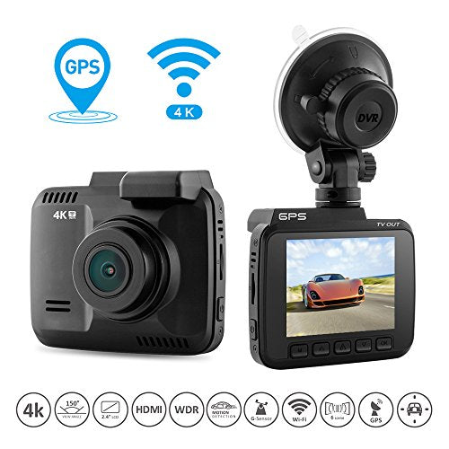 COOFO Car Dash Cam,4K FHD Night Vision Car DVR Dashboard Camera Recorder , Built-In WiFi & GPS,APP Support, G-Sensor, 2.4" LCD, WDR Function, 150 Degree Wide-Angle Lens, Loop Recording