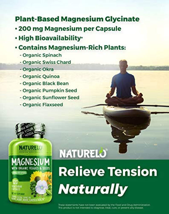 NATURELO Magnesium Glycinate Supplement - 200 mg Natural Glycinate Chelate with Organic Vegetables - Best for Sleep, Calm, Anxiety, Muscle Cramp & Stress Relief – Gluten Free, Non GMO - 120 Capsules