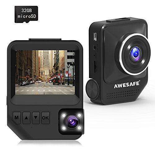 AWESAFE Mini Dash Cam for Cars Front and Rear with FHD 1080P 170° Wide Angle，Night Vision，Parking Monitor，G-Sensor，32GB Card Loop Recording