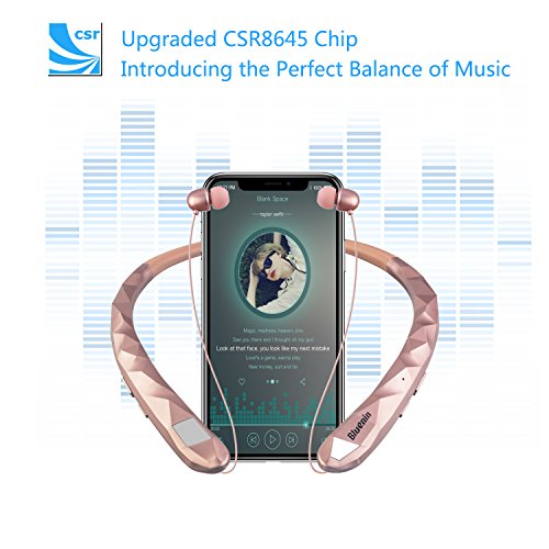 Bluetooth Headphones Bluenin Wireless Headphones Neckband Retractable Earbuds Noise Cancelling Stereo Headset Sport Sweatproof Earphones with Mic for iPhone Andriod Cell Phone Tablets TV (Rose Gold)