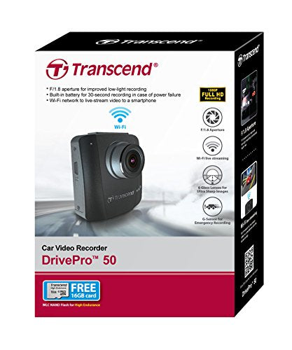 Transcend DrivePro 50 130° Car Video Recorder Dash Cam Full HD 1080p/30 with Built-In Wi-Fi, Suction Mount & Free 16GB MicroSDHC Card
