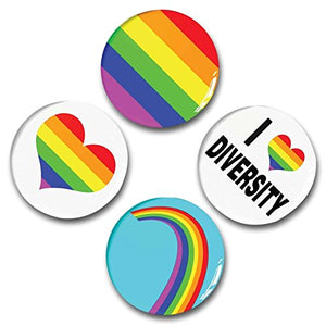 Custom & Novelty {1” Inch} 4 Piece Pack, Small Size Button Pin-Back Badge for Unique Clothing Accents, Made of Rust-Proof Metal w/ "I Heart Diversity" Rainbow LGBT Gay Lesbian Pride Style [Red, Orange, Yellow, Green, Blue, Purple, Black, & White]