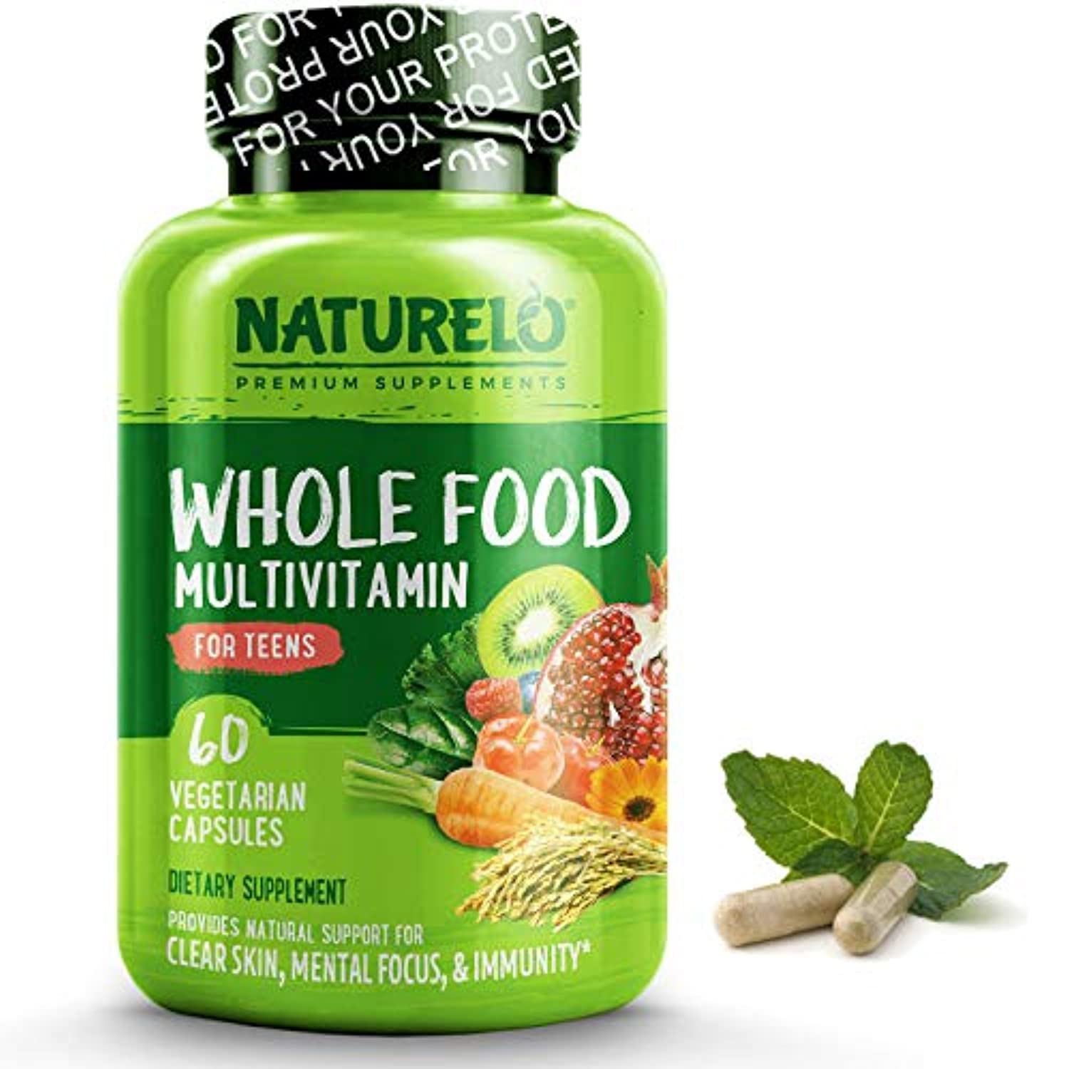 NATURELO Whole Food Multivitamin for Teens - Natural Vitamins/Minerals for Teenage Boys & Girls - Best Supplement for Active Kids - with Organic Extracts - Non-GMO - Vegan/Vegetarian - 60 Capsules