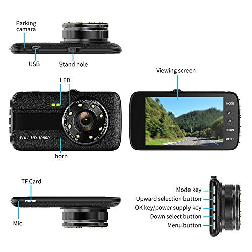 TenTenco Dash Cam Front and Rear Dual Camera for Cars,4.0" IPS Screen, HD 1080P Car Dash Camera, Rearview Backup Camera,170 Degree Wide Angle, WDR, Loop Recording, G-sensor, Parking monitor