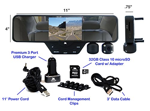 Falcon Zero F360 HD DVR Dual Dash Cam, Rear View Mirror, 1080p, SD Card Included (Black)