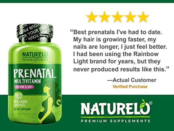 NATURELO Prenatal Multivitamin - with Natural Iron, Folate, DHA and Calcium - Vegan & Vegetarian - Non-GMO - Whole Food - Gluten Free - 180 Capsules | 2 Month Supply