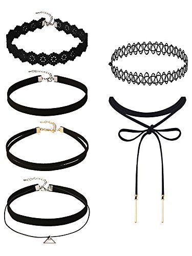 Mudder 6 Pieces Black Velvet Choker Necklaces Set Gothic Stretch Tattoo Choker Elastic Tassel Pendant Necklaces for Women Girls