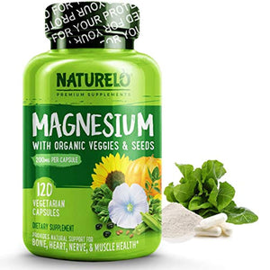 NATURELO Magnesium Glycinate Supplement - 200 mg Natural Glycinate Chelate with Organic Vegetables - Best for Sleep, Calm, Anxiety, Muscle Cramp & Stress Relief – Gluten Free, Non GMO - 120 Capsules