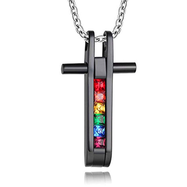 JewelBeauty Stainless Steel Unisex Gay & Lesbian LGBT Pride Crystal Pendant Rainbow Rhinestone Cross Necklace (Silver Base #2)