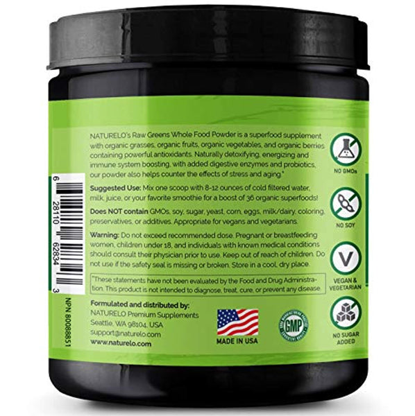 NATURELO Raw Greens Superfood Powder - UNSWEETENED - Boost Energy, Detox, Enhance Health - Organic Spirulina & Wheat Grass - Whole Food Vitamins from Fruit & Vegetable Extracts - 30 Servings