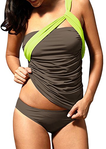 Women's One Shoulder Swimsuit Sexy Two Piece Ruched Tankini Tummy Control Bikini Set