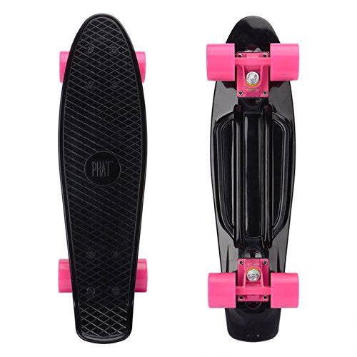 PHAT ® 22" Complete Plastic Retro Mini Skateboard Cruiser Street Surfing Skate Banana Board (Black-Red)