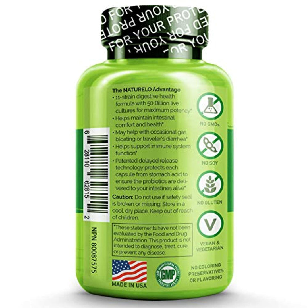 NATURELO Probiotic Supplement - 50 Billion CFU - 11 Strains - One Daily - Best for Digestive Health, Immune Support - Ultra Strength Probiotics - No Refrigeration Needed - 30 Vegan Capsules