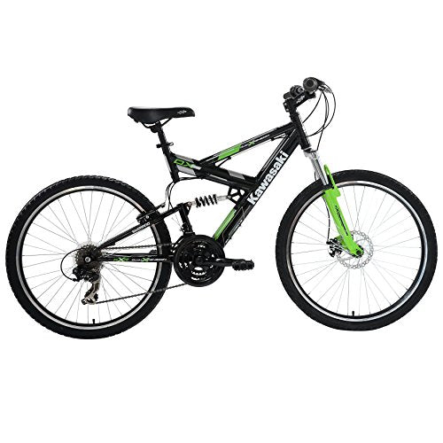 Kawasaki DX Full Suspension Mountain Bike, 26 inch Wheels, 19 inch Frame, Men's Bike, Black/Green