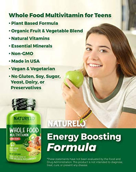 NATURELO Whole Food Multivitamin for Teens - Natural Vitamins/Minerals for Teenage Boys & Girls - Best Supplement for Active Kids - with Organic Extracts - Non-GMO - Vegan/Vegetarian - 60 Capsules