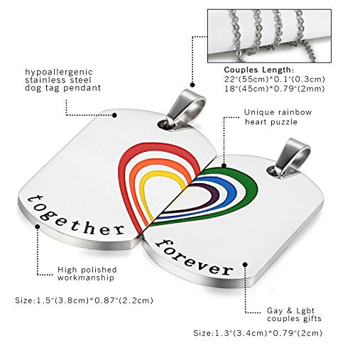 Oidea 2 Pcs Stainless Steel "together forever" Rainbow Dog Tag Pendant Necklace for Gay,lesbian Pride Couples