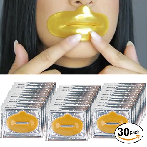 Lip Mask 24K Gold Golden Collagen Kit of 30pcs Patches Mouth Sheets Gel Crystal Beauty Anti Aging Set for Fine Lines and Wrinkles Removal, Moisturizing Hydration, Skin Firming and Nourishing