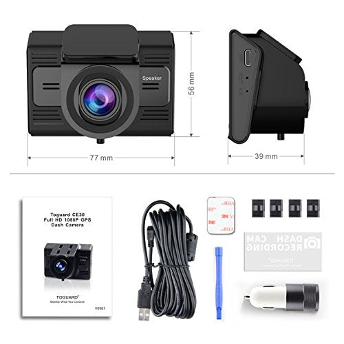 Dash Cam with GPS and WiFi-TOGUARD Full HD 1080P Car Driving Camera Video Recorder with 170 Degrees Wide Angle Sony Sensor 2.45 inch LCD G Sensor Loop Record and Parking Monitor