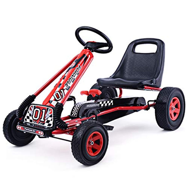 Costzon Go Kart, 4 Wheel Pedal Powered Ride On, Outdoor Racer with Adjustable Seat, Rubber Wheels, Brake, Ride On Pedal Car for Boys, Girls (Red)