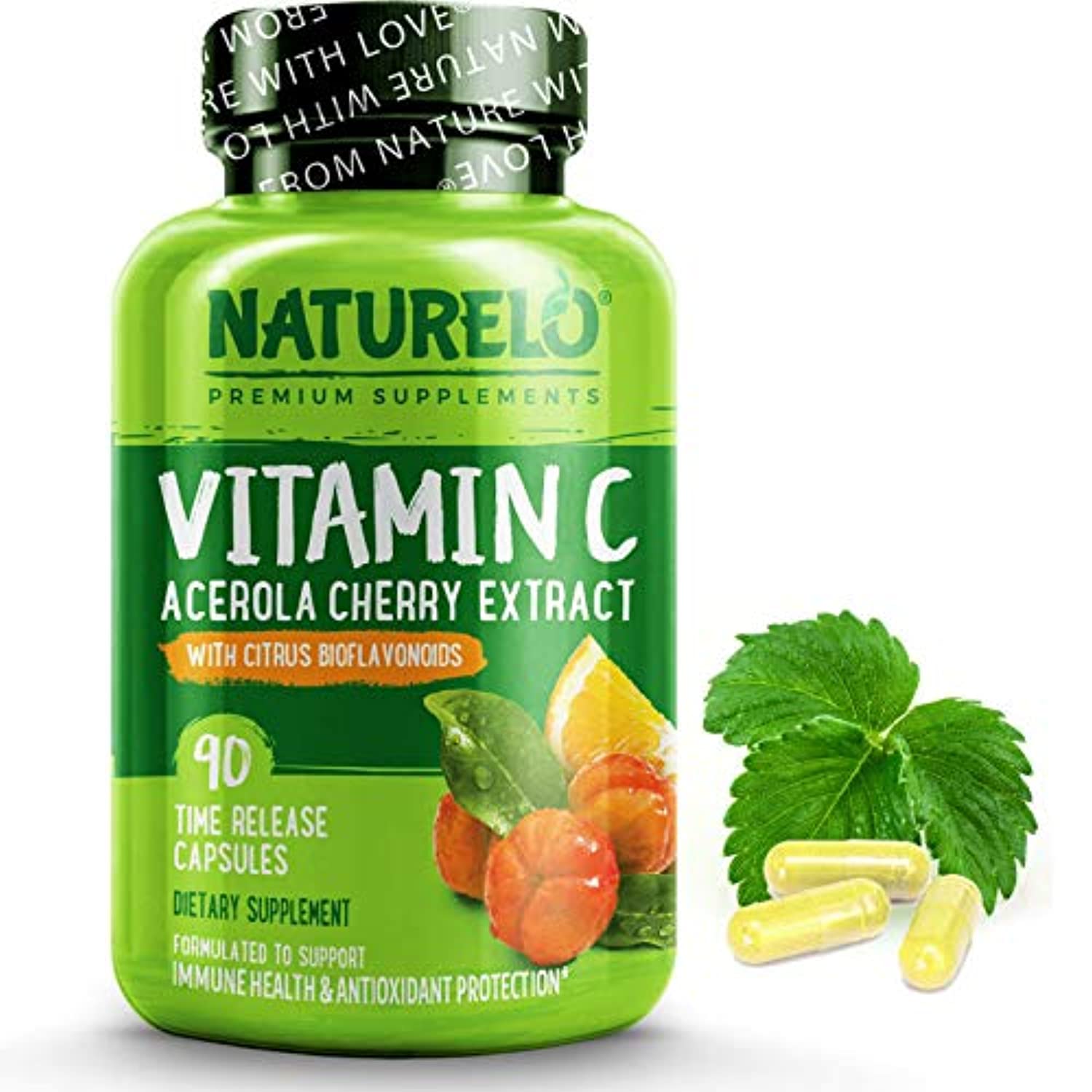 NATURELO Premium Vitamin C with Organic Acerola Cherry and Citrus Bioflavonoids - Whole Food Powder Supplement - Time Release - 500 mg - Non-GMO - Vegan - 90 Capsules