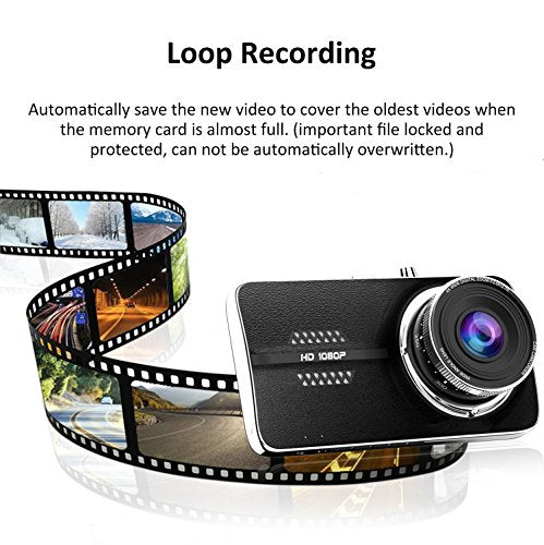 4.0" Car Dash Cam, Full HD 1080P Dash Camera, Front + VGA Rear 290 Degree Super Wide Angle Dashboard Camera with G-Sensor, Loop Recording, Parking Monitoring, Motion Detection etc