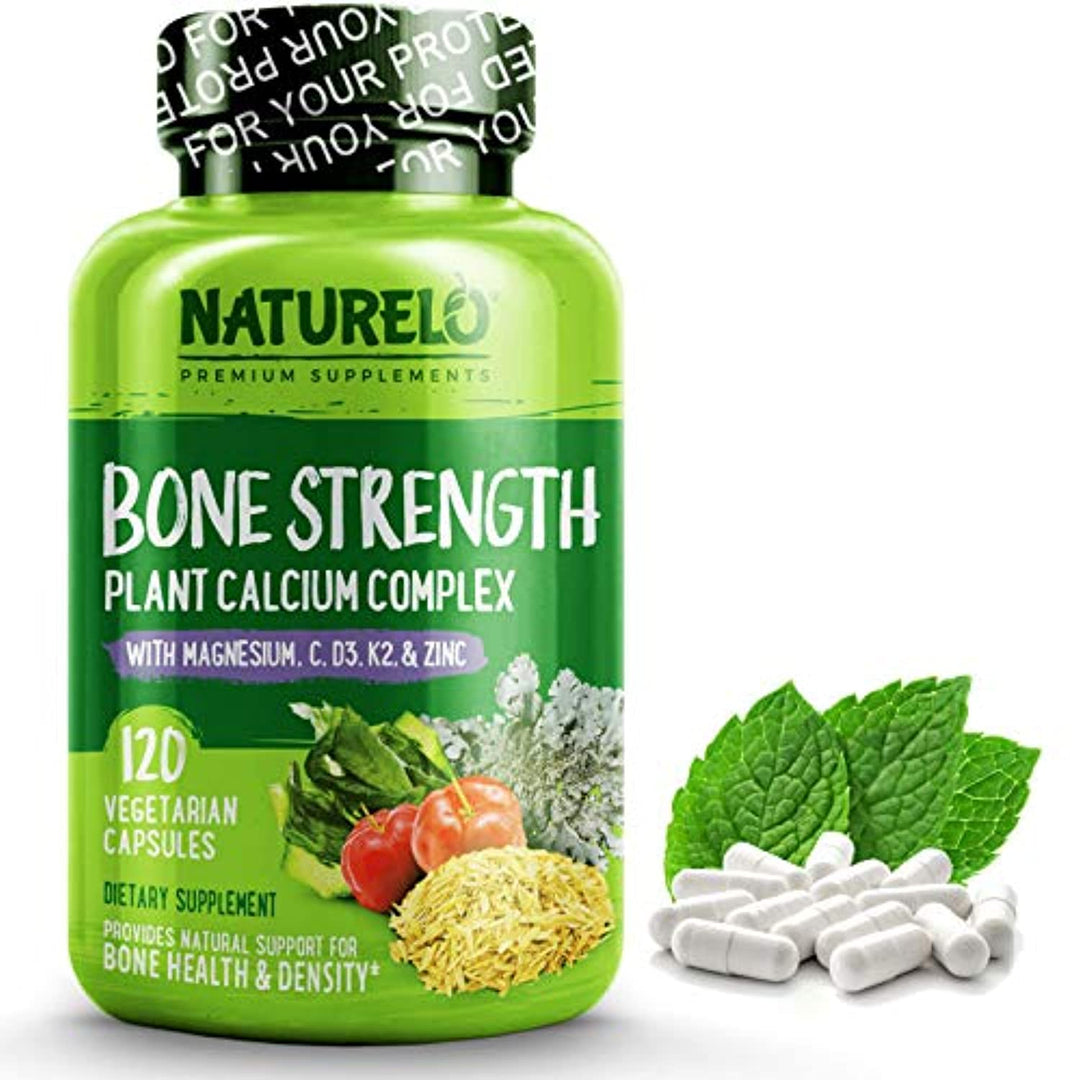 NATURELO Bone Strength - with Plant Calcium, Magnesium, Vitamins C, D3, K2 - Best Whole-Food Supplement for Bone Health - 120 Vegetarian Capsules