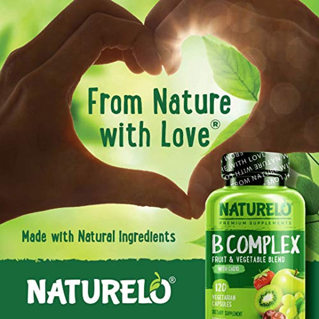 NATURELO B Complex - Whole Food - with Vitamin B6, Folate, B12, Biotin - Vegan - Vegetarian - Best Natural Supplement for Energy and Stress - High Potency - Non GMO - Gluten Free - 120 Capsules