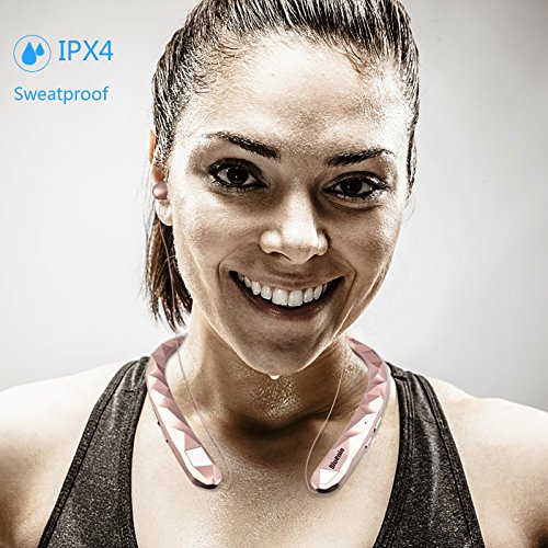 Bluetooth Headphones Bluenin Wireless Headphones Neckband Retractable Earbuds Noise Cancelling Stereo Headset Sport Sweatproof Earphones with Mic for iPhone Andriod Cell Phone Tablets TV (Rose Gold)