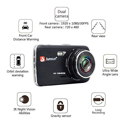 junsun Dash Cam car car dvr recorder dual camera Full HD 1296P 4'' backup camera 170 degree wide-angle Black Box