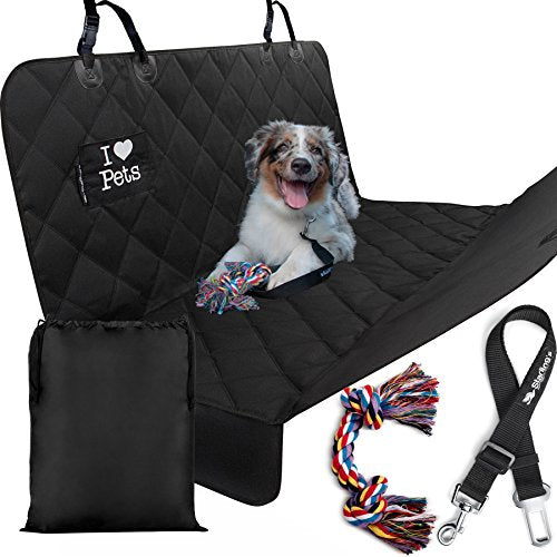 Dog Car Covers for Backseat by Starling’s Hammock Style|Latest Model, Heavy Duty, Waterproof, Non-Slip & Vents for All 3 Seat Belts|Fits All Vehicles, SUV! W/Dog Bowl & Pet Seat-Belt