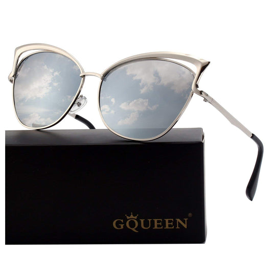 GQUEEN Women's Oversized Polarized Metal Frame Mirrored Cat Eye Sunglasses MT3