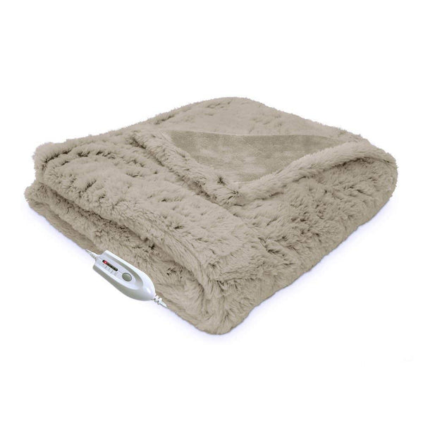 Serta Faux Fur Reversible Electric Heated Throw, Sand