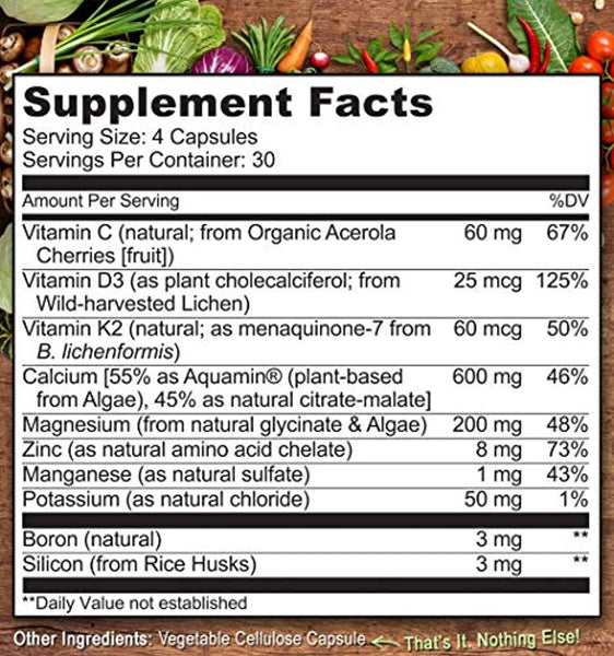 NATURELO Bone Strength - with Plant Calcium, Magnesium, Vitamins C, D3, K2 - Best Whole-Food Supplement for Bone Health - 120 Vegetarian Capsules