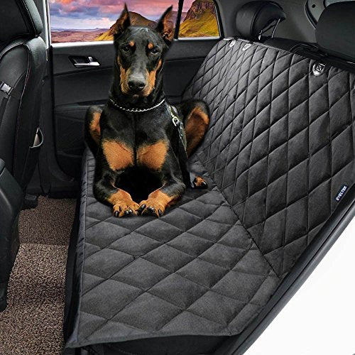 EVELTEK Car Seat Covers for Dogs, Non Slip Waterproof Pet Travel Hammock Car Seat Protector for Back Seat with Side Flaps, Pockets & Hammock Front Zipper Design for Cars Trucks and SUVs (Black)