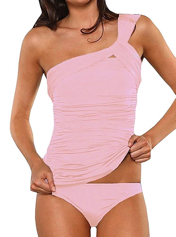 Women's One Shoulder Swimsuit Sexy Two Piece Ruched Tankini Tummy Control Bikini Set